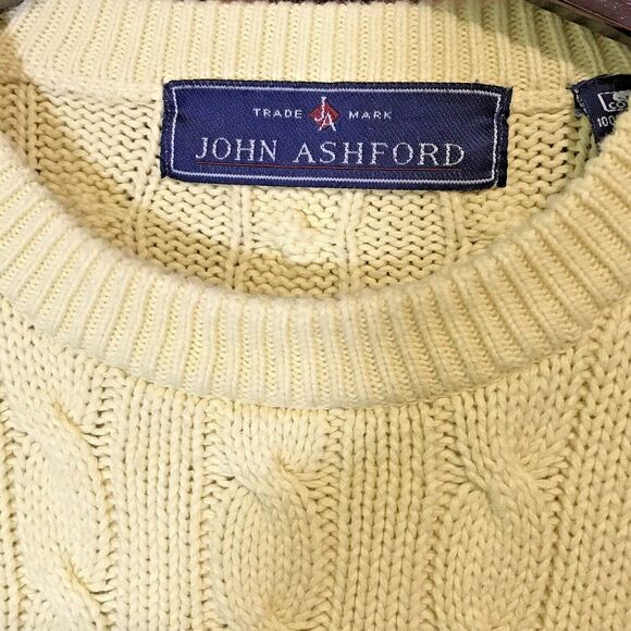 Vintage John Ashford Cable Knit Pullover Sweater Men's Large Yellow Cotton Crew - Picture 5 of 9